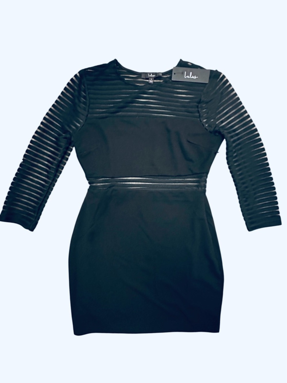 Lulu's Black Sheer-Stripe Mesh Lace Long Sleeve Bodycon Dress Sheath Small NWT - Picture 5 of 13